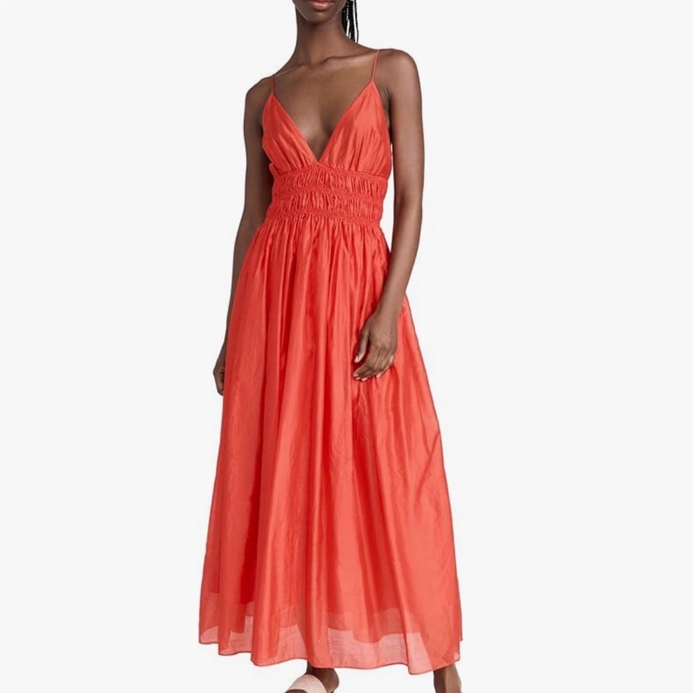 Moon River Coral V Neck Sleeveless Shirred Midi Dress